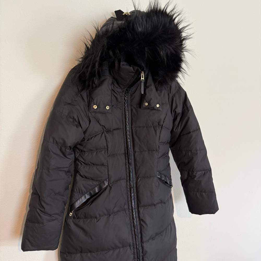 Women’s Cole Haan Black Puffer Coat Knee Length Hooded Size Medium Down Fill - Picture 2 of 7